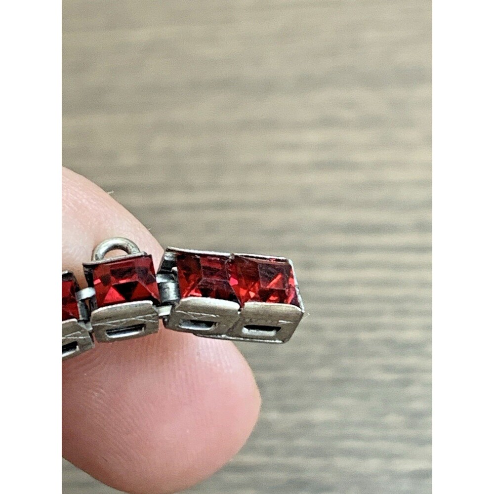 Vintage Red Rhinestone Tennis Bracelet 925 Sterling Silver Square Cut 7" - Picture 9 of 15